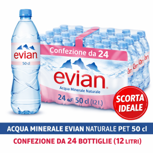 Acqua Evian Naturale 50 cl PET – Confezione da 24 Bottiglie (12 Litri Totali)