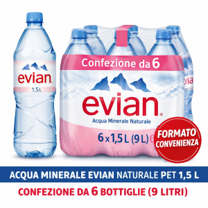 Acqua Evian Naturale PET 1,5 L – Confezione da 6 Bottiglie (9 Litri Totali)
