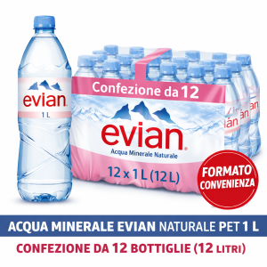 Acqua Evian Naturale PET 1 L – Confezione da 12 Bottiglie (12 Litri Totali)